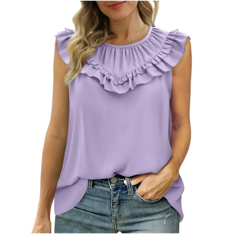 JWZUY Womens Solid Elegant Tank Tops Ruffle Layer Cami Crewneck Sleeveless  Camisole Sales Vest Temperament Tees Business Office Shirts Summer Casual  Tops Blouse Purple M 