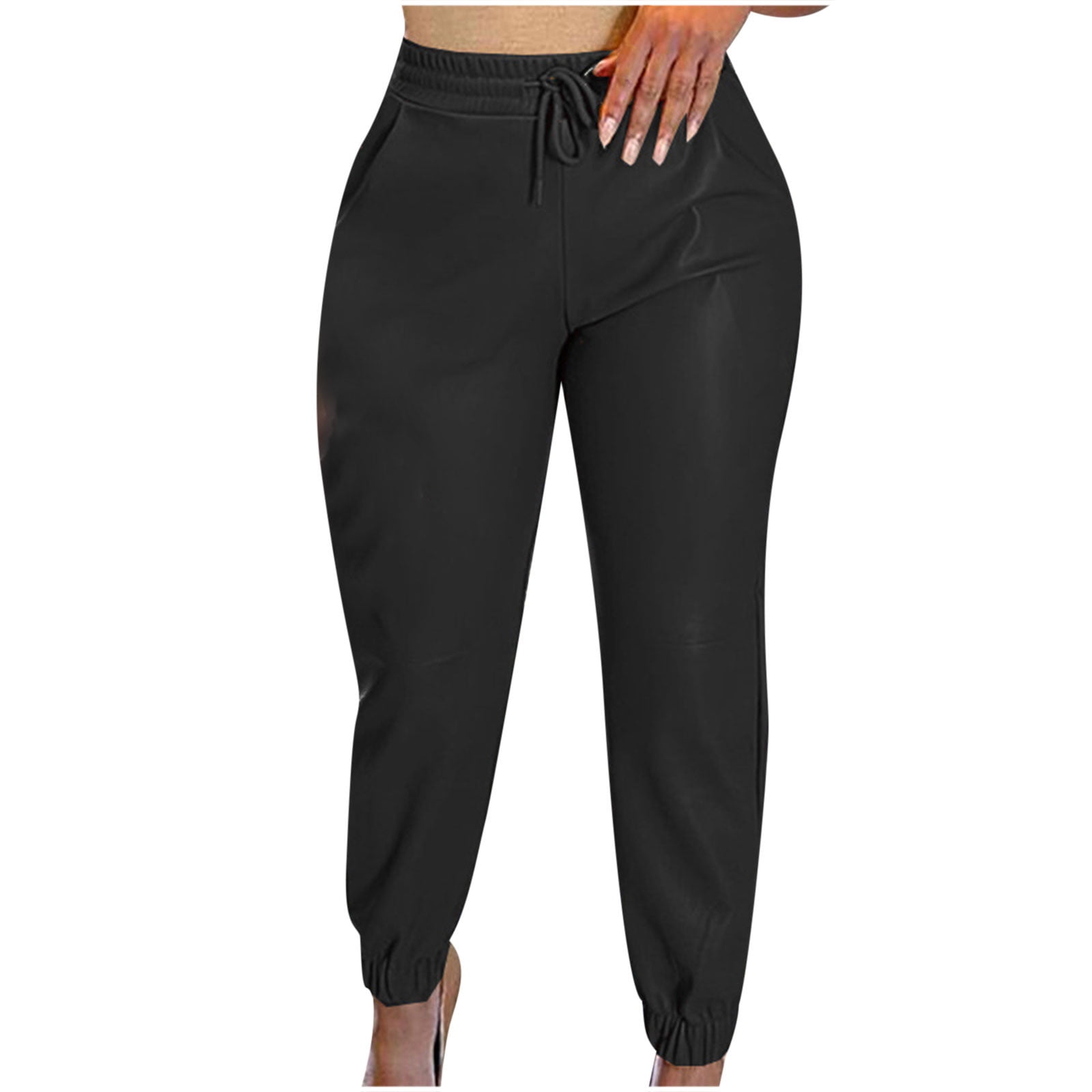 JWZUY Womens Solid Faux PU Leather Sweatpants Ankle Length Drawstrijg  Elastic Waist Pant Dressy Jogger Pants Black M