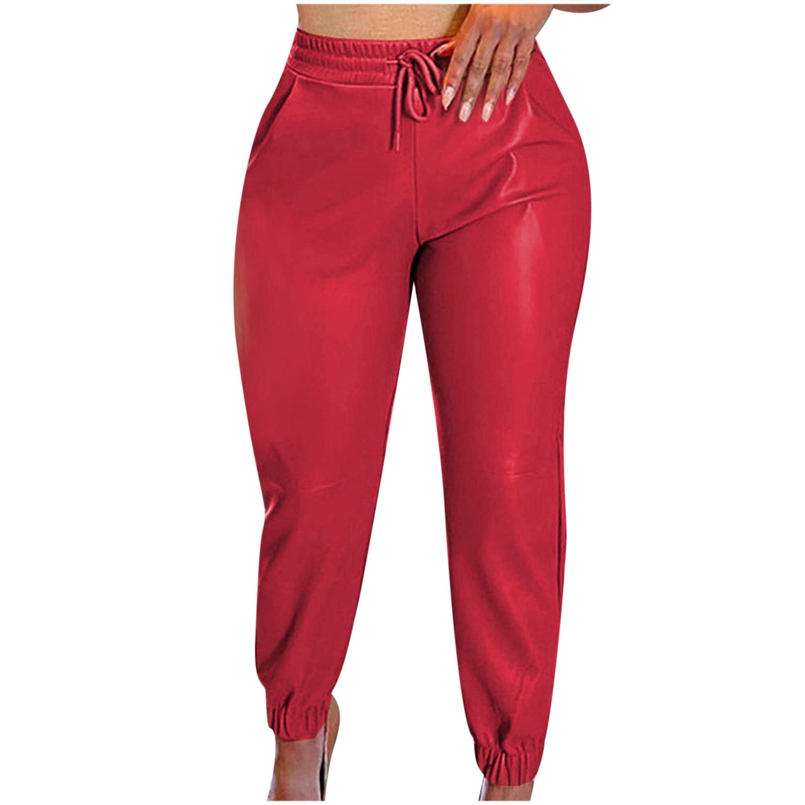 JWZUY Womens Solid Faux PU Leather Sweatpants Ankle Length Drawstrijg  Elastic Waist Pant Dressy Jogger Pants Red XXL