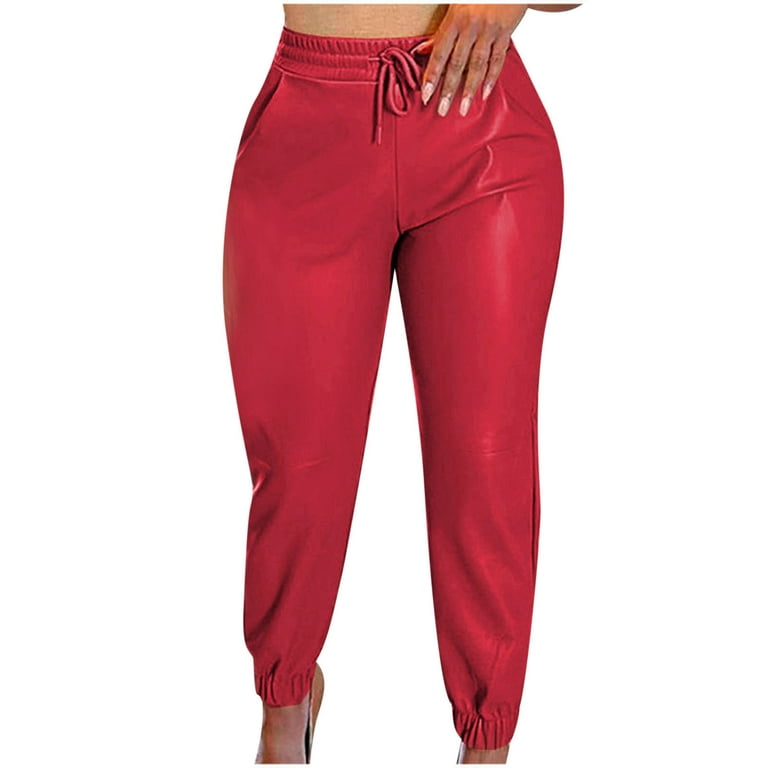 JWZUY Womens Solid Faux PU Leather Sweatpants Ankle Length Drawstrijg  Elastic Waist Pant Dressy Jogger Pants Red XXXL