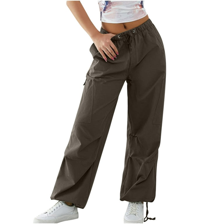 JWZUY Womens Solid Flare Cargo Pant Full Length Drawstring Elastic Waist  Pant Adjustable Cuffed Hem Straight Leg Pant Sweatpants Jogger Pants Coffee  L