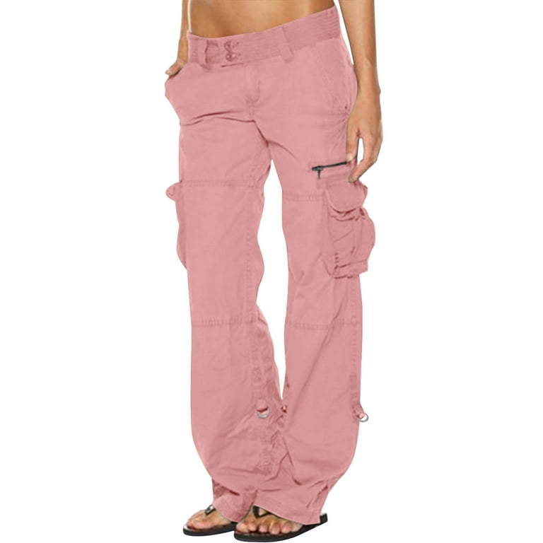JWZUY Womens Solid Lightweight Zipper Pocket Cargo Pant Straight Wide Leg  Loose Fit Pants Full Length Button Closure Waist Pant Pink XXXL