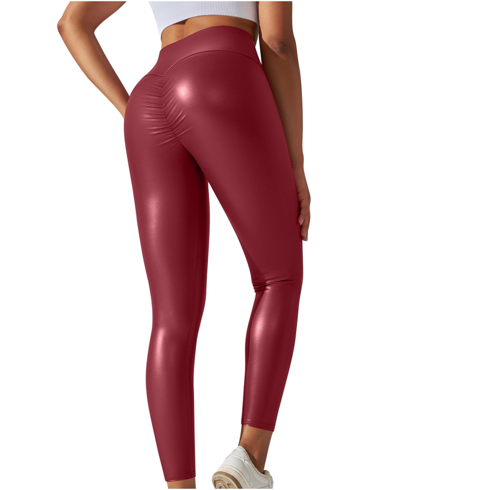 JWZUY Womens Solid PU Leather Leggings Ankle-Length Elastic Waist Pant  Slim-Leg Compression Pants Gray S 