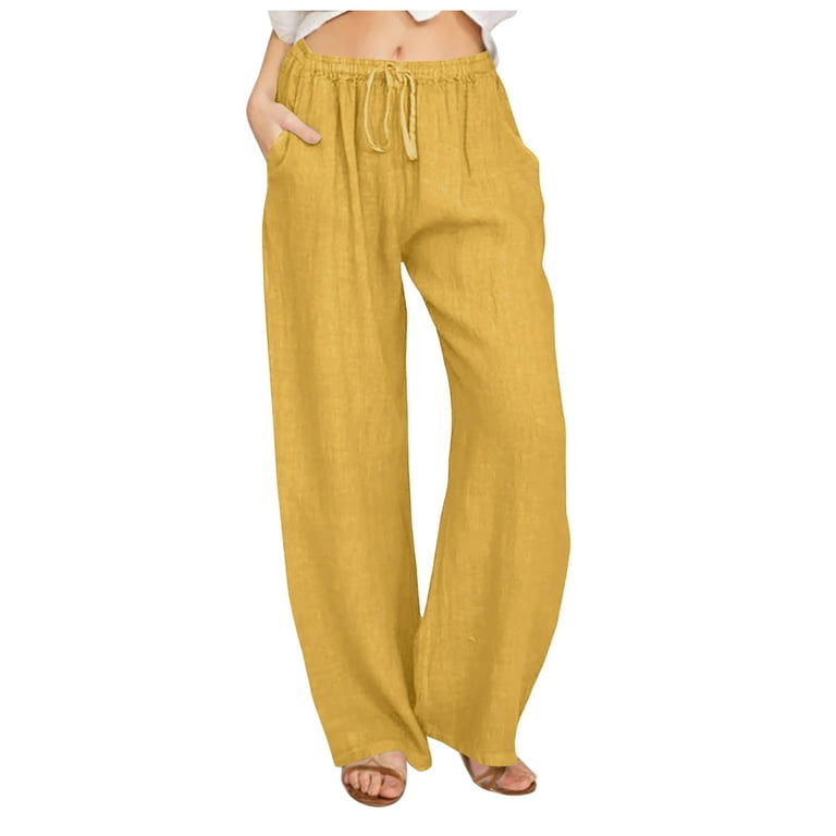 JWZUY Womens Solid Palazzo Pant Full-Length Drawstring Elastic High Waist  Pant Wide-Leg Summer Cotton Linen Pants Yellow XL
