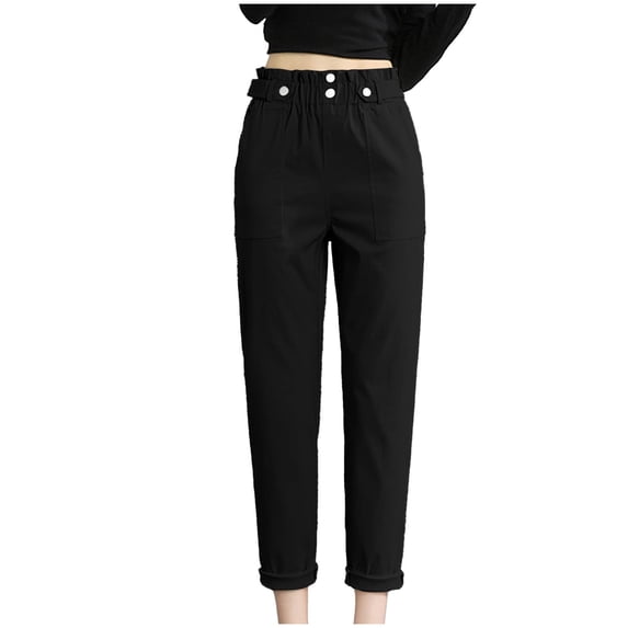 JWZUY Womens Solid Pencil Pants Taper Casual Pants Ankle-Length Button Closure Elastic Waist Pant Black XL
