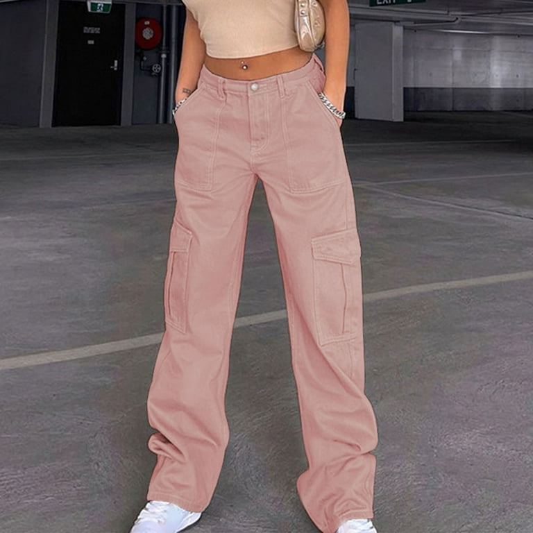 JWZUY Womens Solid Plain Faux Denim Cargo Pants Full Length Button Closure  Elastic Waist Pant Straight Leg Teen Girl Pants Pink S 