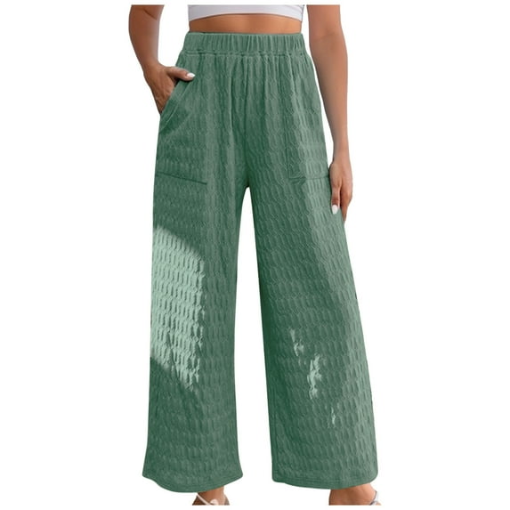 JWZUY Womens Solid Pleated Textures Knit Pant Ankle-Length Elastic High Waist Pant Wide-Leg Casual Relaxed Fit Pants Green M