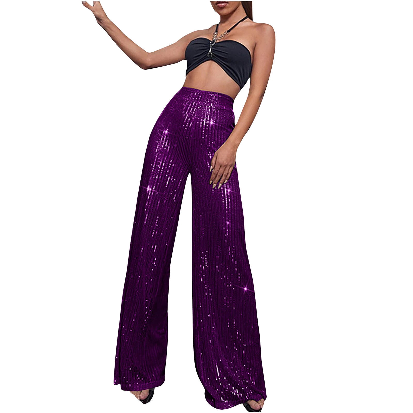 JWZUY Womens Solid Sequin Glitter Pant Bootcut Shiny Pants Full-Length  Elastic Waist Pant Purple XXL 