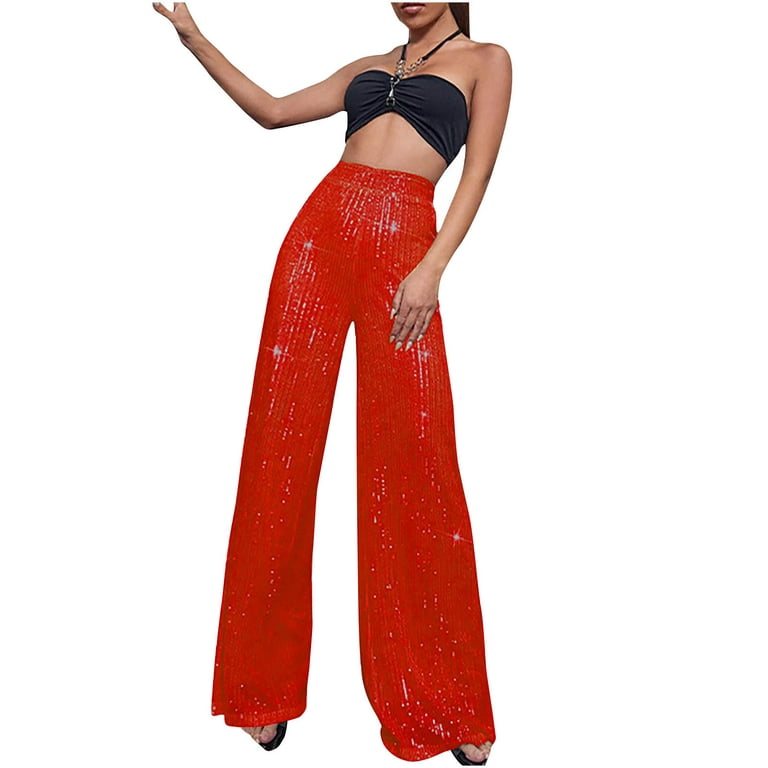 JWZUY Womens Solid Sequin Glitter Pant Bootcut Shiny Pants Full-Length  Elastic Waist Pant Red XL 