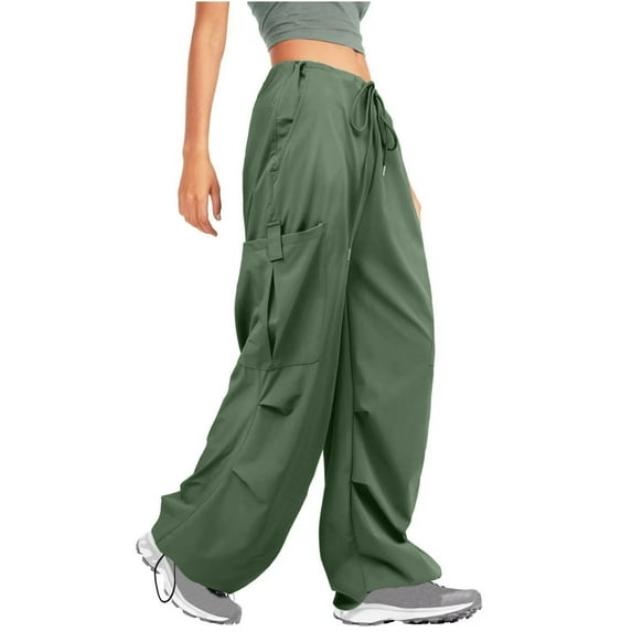 JWZUY Womens Solid Straight Wide Leg Big and Deep Pocket Full-Length Drawstring Elastic High Waist Pant Adjustable Cuff Hem Jogger Hippie Streetwear Y2K Cargo Pants Green S