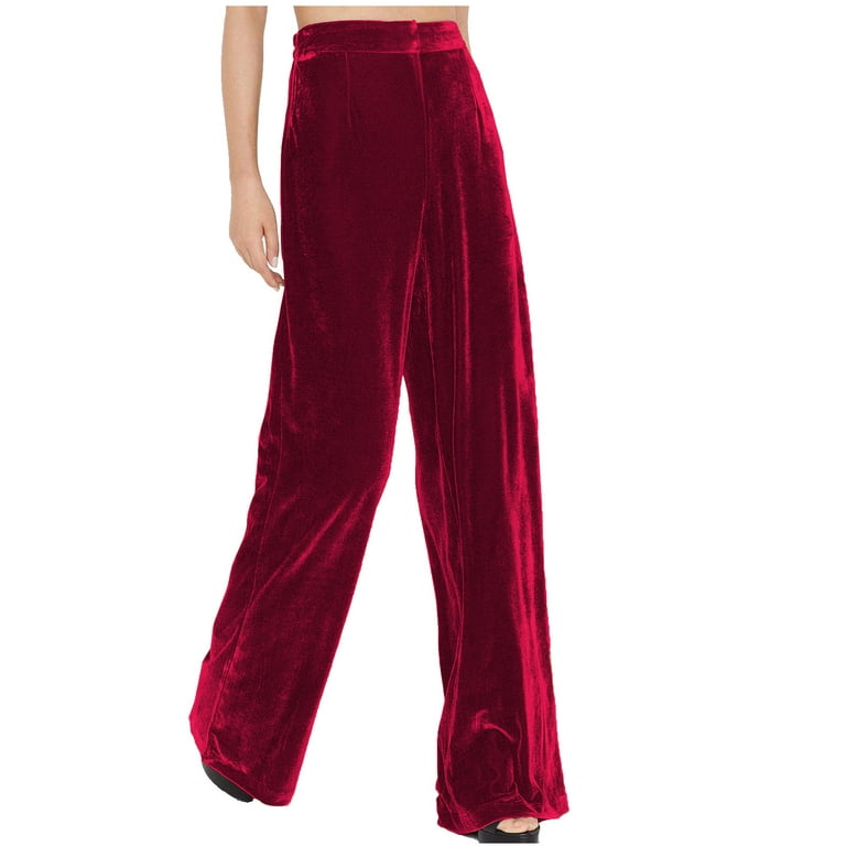 JWZUY Womens Solid Velvet Pant Straight Wide Leg Drape Pants Full-Length  Elastic High Waist Pant Red L