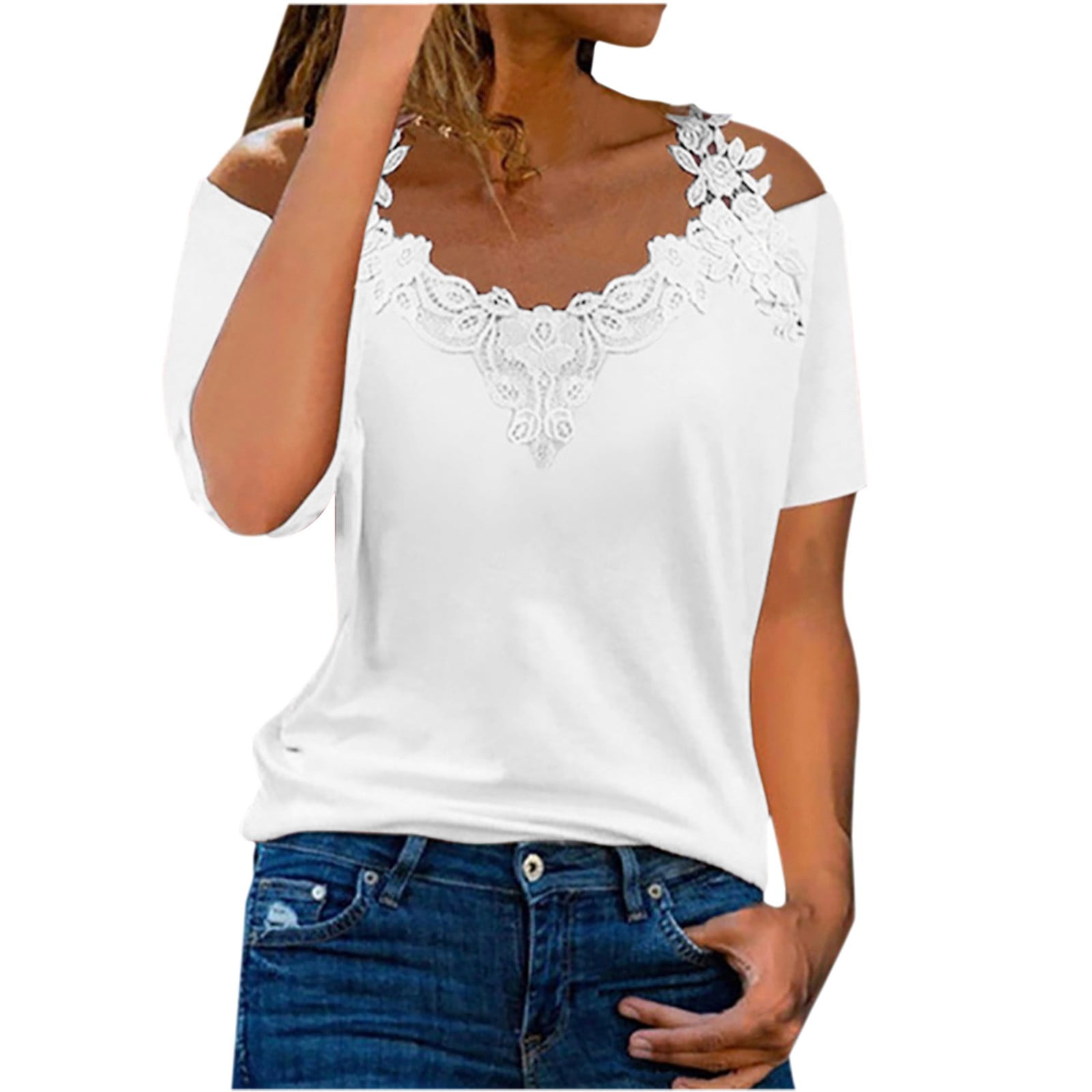 JWZUY Womens Summer Lace Crochet V Neck Cold Shoulder Tops T Shirts Casual  Regular Fit Cut Out Short Sleeve T-Shirt Tshirts Solid Color Printed