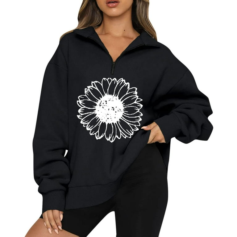 JWZUY Womens Sweatshirt 1/4 Half Zip Sweatshirts Floral Graphic Printed  Oversized Drop Shoulder Pullover Tunic Tops Black XL
