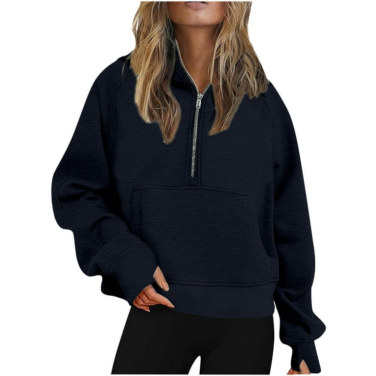 JWZUY Womens Sweatshirts Half Zip Cropped Pullover Fleece Quarter Zipper  Hoodies Thumb Hole Fall Outfits Clothes Navy S