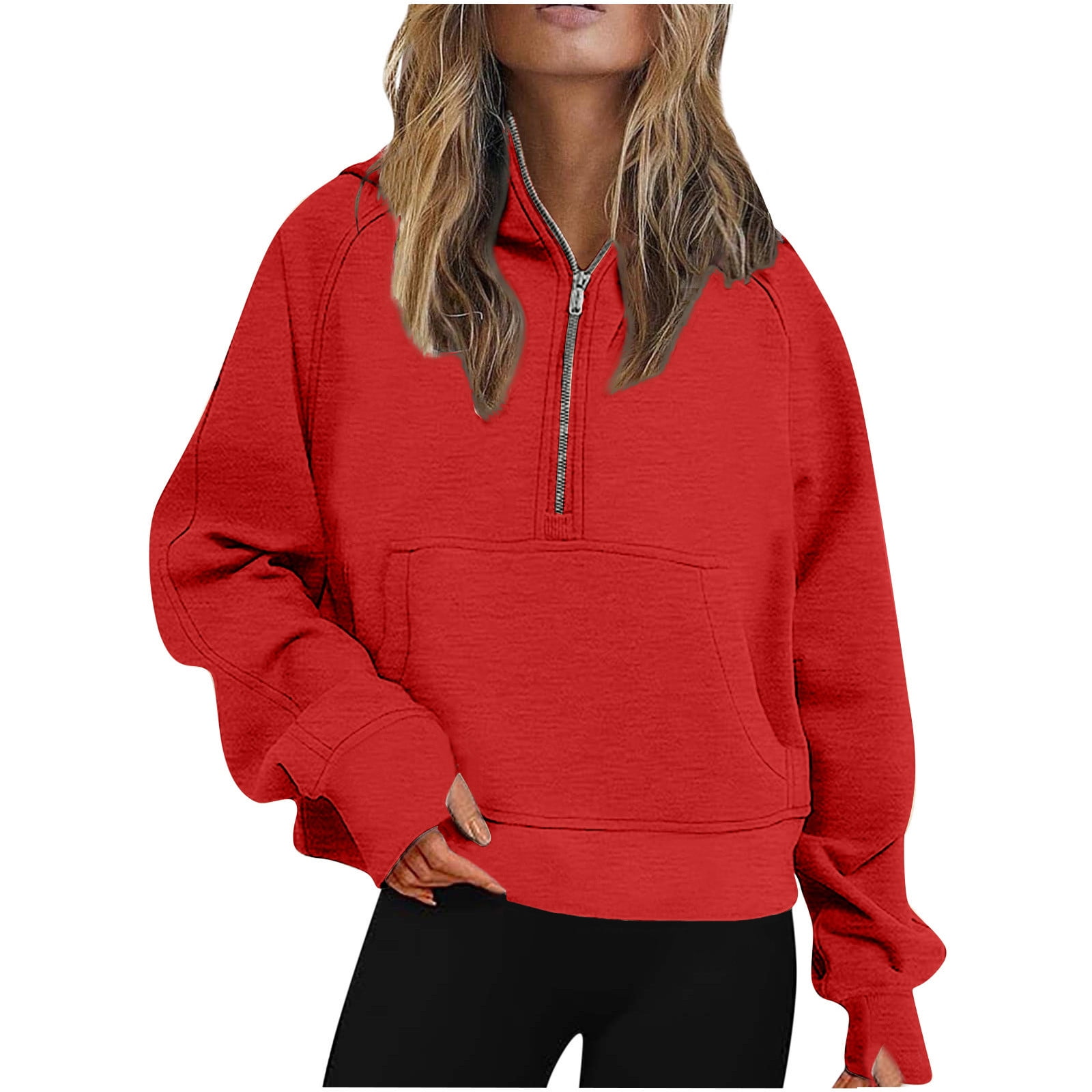 JWZUY Womens Sweatshirts Half Zip Cropped Pullover Fleece Quarter Zipper  Hoodies Thumb Hole Fall Outfits Clothes Red XXL