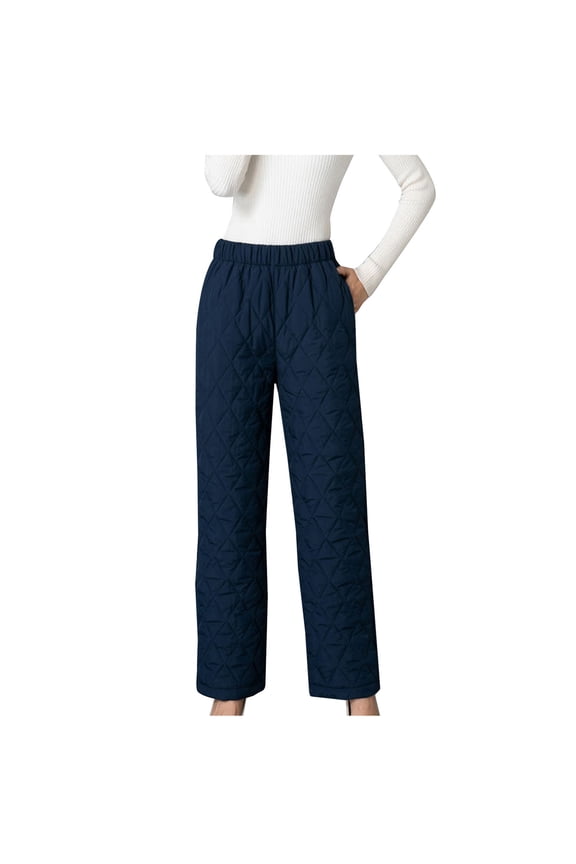Womens Thermal Trouser Quilted Pant Elastic Waist Ankle Length Pants Solid Straight Pants Wide Leg Pants Navy L