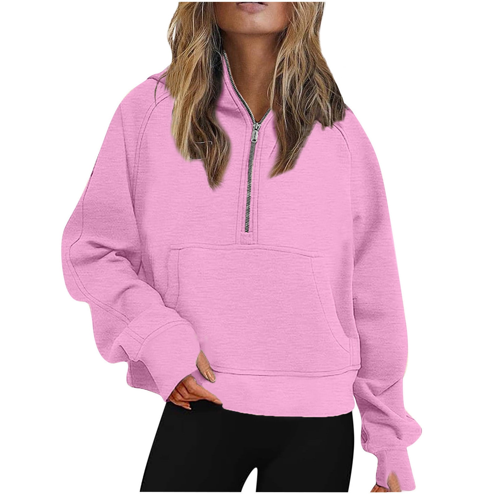 JWZUY Womens Thumb Hole Long Sleeve Fleece Quarter Zip Pullover Sweatshirts  Half Zip Cropped Hoodies Fall Outfits Clothes Pink L 