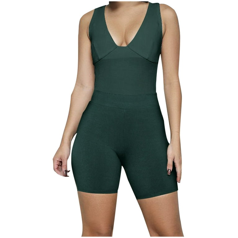 JWZUY Womens V Neck Tank Top Jumpsuit Ribbed Knit Strappy Short Pants  Romper Bodycon Stretchy Outfit Green XL 