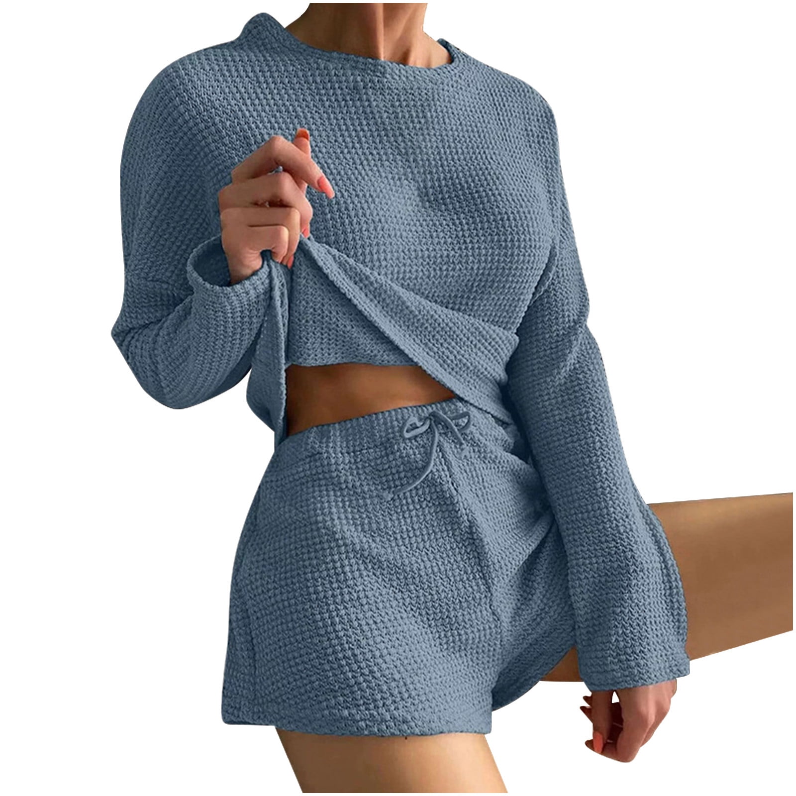 JWZUY Womens Waffle Knit Pajama Sets Long Sleeve Top and Shorts