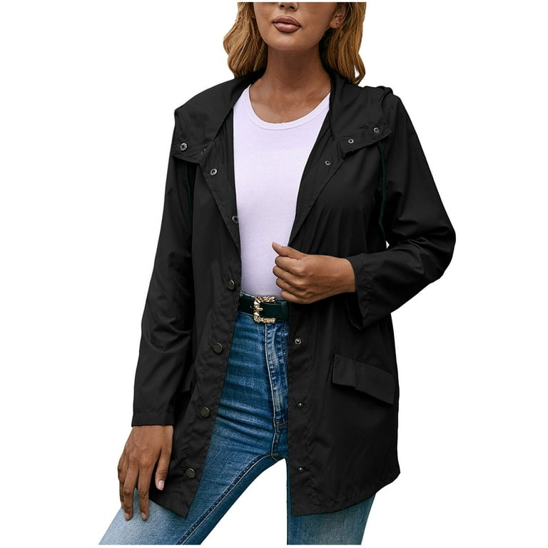 JWZUY Womens Waterproof Jacket Lightweight Packable Hooded Coat Outdoor  Active Pocket Drawstring Button Down Windbreaker Black XL