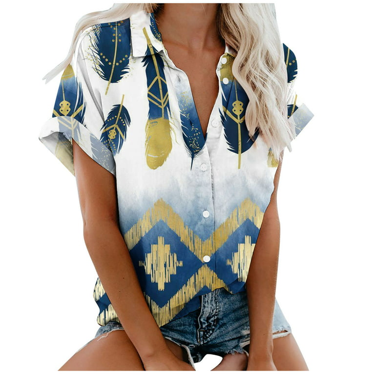 JWZUY Womens Western Ethnic Feather Print Lapel Button Down Blouse V Neck  Short Sleeve Tshirts 3d Print Tees Tops Shirts Sales Soft Breathable Tunic