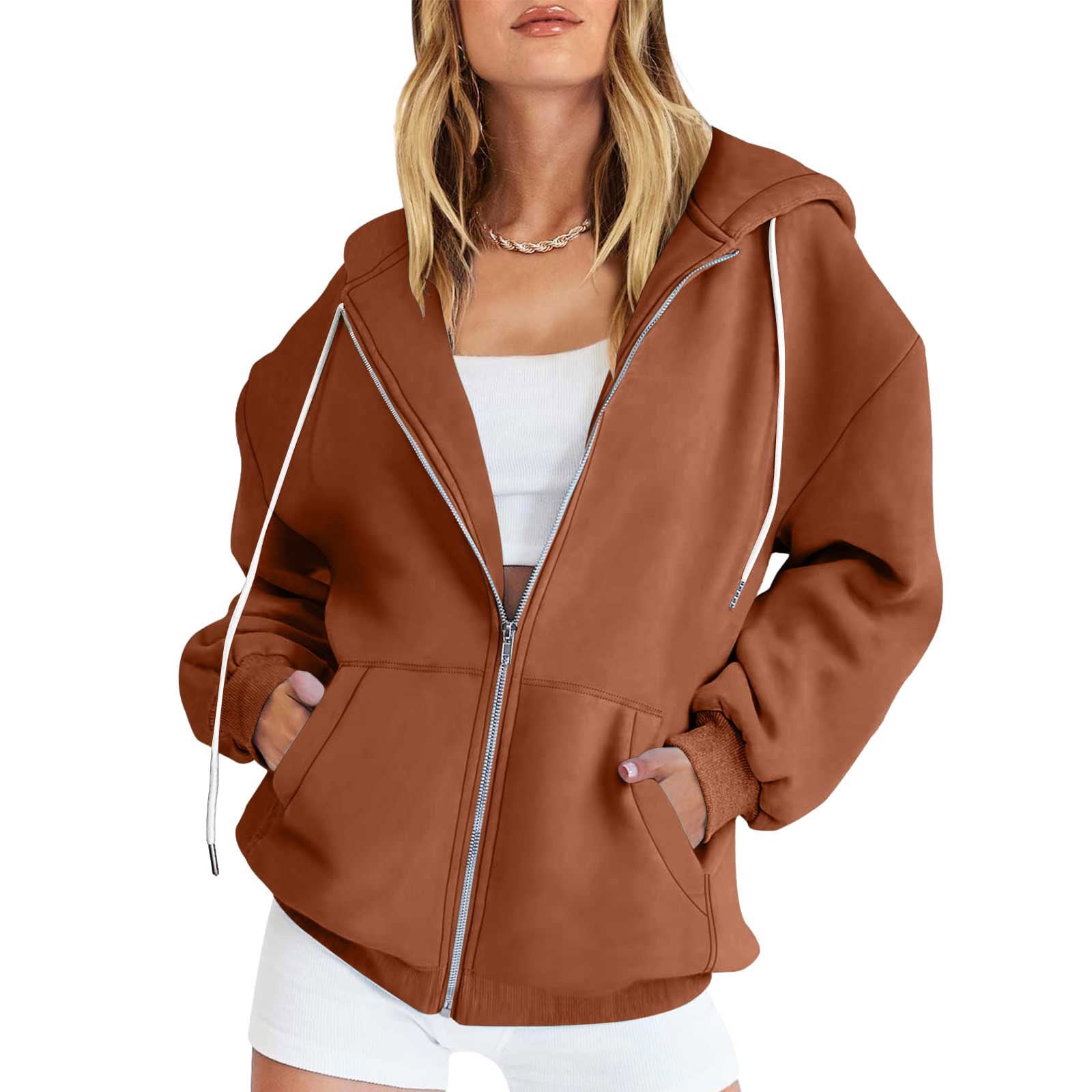 JWZUY Womens Zip Up Hoodies Long Sleeve Fall Oversized Sweatshirts Fleece  Y2K Jacket Drawstring Pullover with Pockets Coffee XL