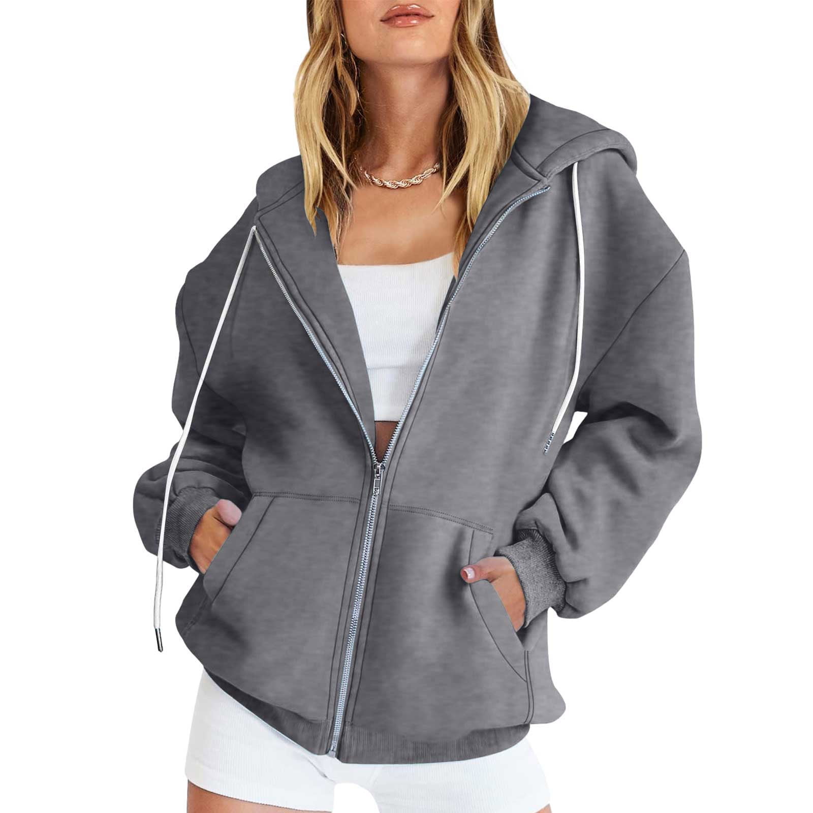 JWZUY Womens Zip Up Hoodies Long Sleeve Fall Oversized Sweatshirts Fleece  Y2K Jacket Drawstring Pullover with Pockets Coffee XL 