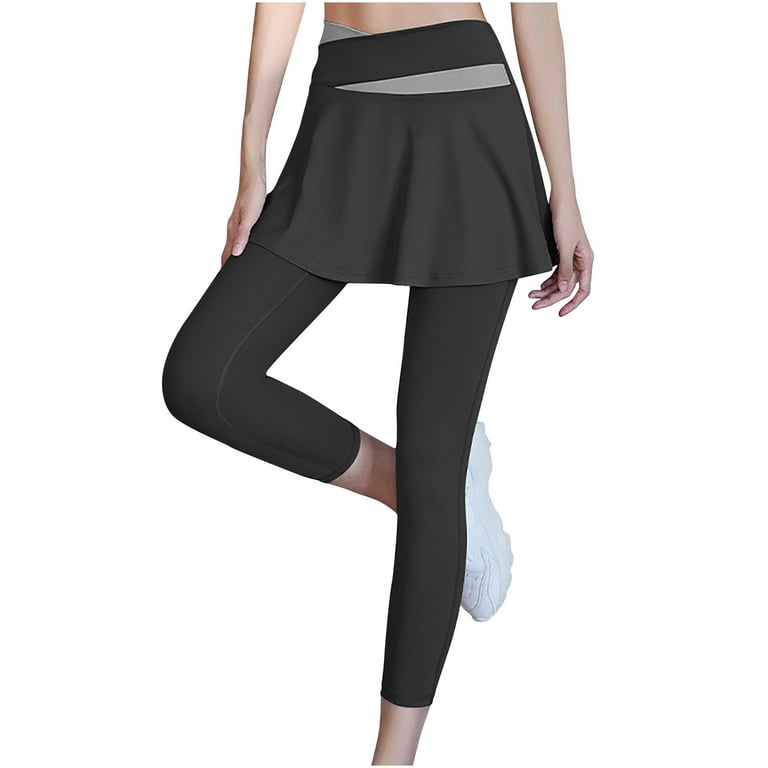 JWZUY Yoga Skirted Leggings with Pockets Women Active Athletic Ruffle  Pleated Golf Tennis Color Block Skirt Pants Black S