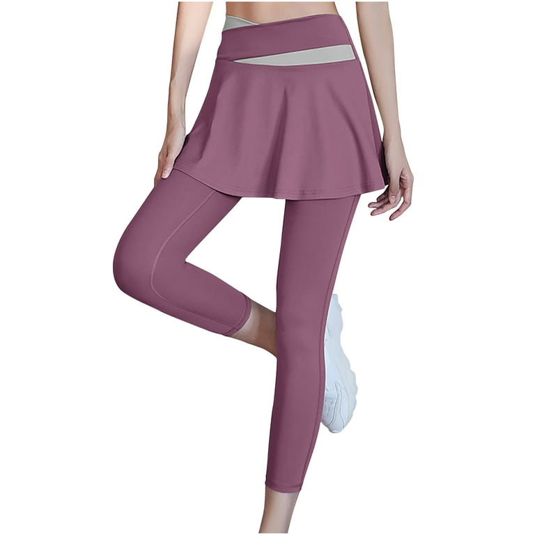 JWZUY Yoga Skirted Leggings with Pockets Women Active Athletic Ruffle  Pleated Golf Tennis Color Block Skirt Pants Purple L