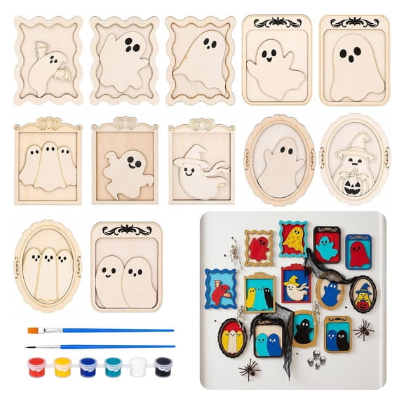 JWZZYD 12 Pack Halloween DIY Wooden Ghost Frame Craft Set, Adult Halloween Painting Kit with Paint & Brushes, Wood Ghost Frame Painting Crafts for Halloween Party Favors Supplies