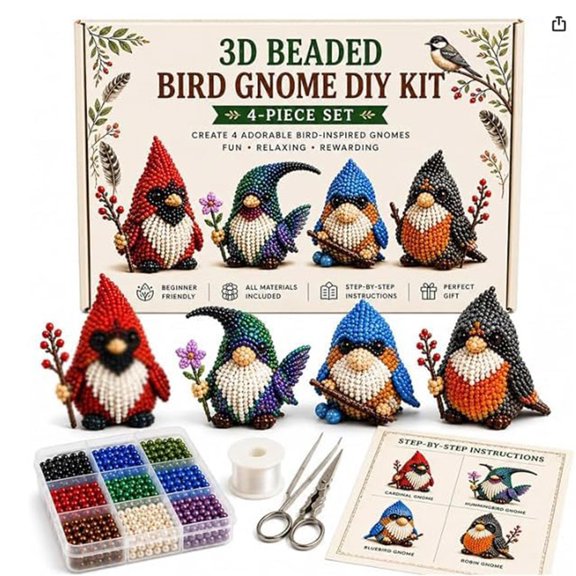 JWZZYD 3D Beaded Gnome DIY Craft Kit for Adults, Handmade Bead Art Set, Beginner‑Friendly Craft Activity with Complete Bead Materials & Step‑by‑Step Instructions, Home Decor & Holiday Gift(B, 4pcs)