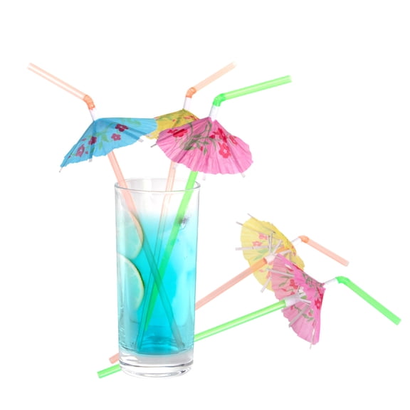 JWZZYD 50Pcs Tropical Umbrella Disposable Bendable Plastic Straws, 9.4in Colorful Floral Printed Sipping Tubes for Luau, Hawaiian Beach Party, Tiki Bar, Poolside BBQ & Summer Cold Drink Decoration