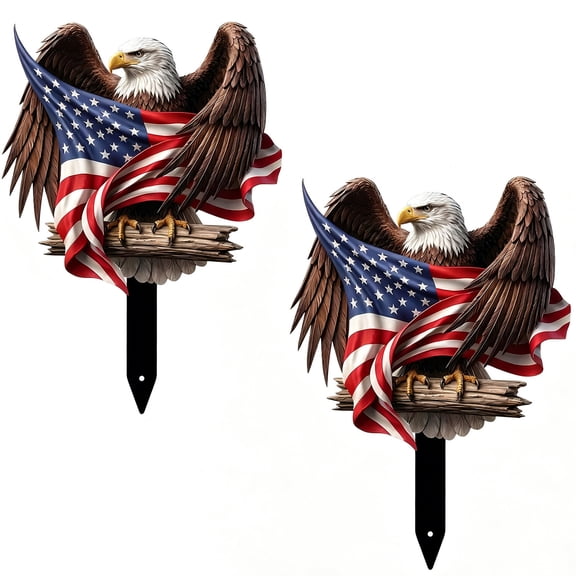 JWZZYD Bald Eagle with American Flag Wrought Iron Garden Stake, 11.8" Patriotic Yard Art, Weatherproof Metal Decor for Independence Day, Memorial Day & Outdoor Patriotic Themed Landscaping, 2 Pack