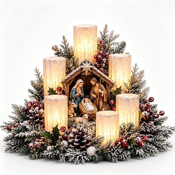 JWZZYD Christmas Lighted Centerpiece with Flameless Candle Glow, 5.9 Inch Holiday Table Decoration with Frosted Greenery, Christmas Home Decor for Dining Table, Mantel, Fireplace (Nativity)