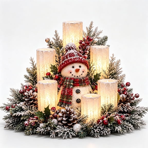 JWZZYD Christmas Lighted Centerpiece with Flameless Candle Glow, Holiday Table Decoration with Frosted Greenery, Christmas Home Decor for Dining Table, Mantel, Fireplace (Snowman)