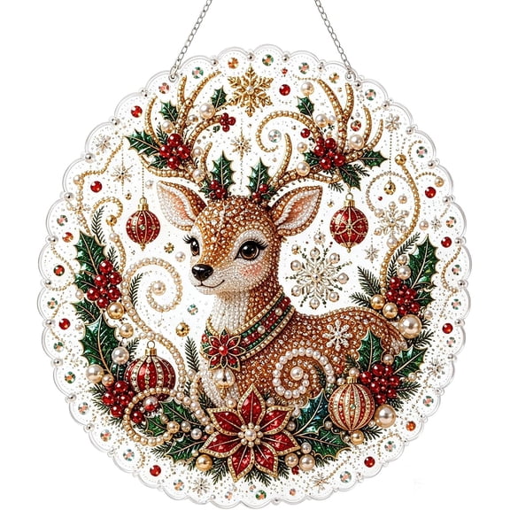 JWZZYD Christmas Pearl Painting Suncatcher Kit, DIY Craft, Pre-Assembled Metal Chain, Acrylic Round Board with Lace Edge, 3D Mixed-Sized Pearl Beads Craft, Festive Window Wall Decor(Reindeer -1)