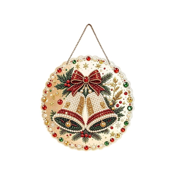 JWZZYD Christmas Pearl Painting Suncatcher Kit, DIY Craft, Pre-Assembled Metal Chain, Acrylic Round Board with Lace Edge, 3D Mixed-Sized Pearl Beads Craft, Festive Window Wall Decor(Bells)