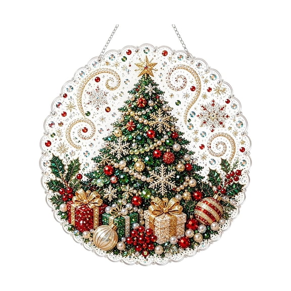 JWZZYD Christmas Pearl Painting Suncatcher Kit, Diy Craft, Pre-Assembled Metal Chain, Acrylic Round Board with Lace Edge, 3D Mixed-Sized Pearl Beads Craft, Festive Window Wall Decor(Tree -1)