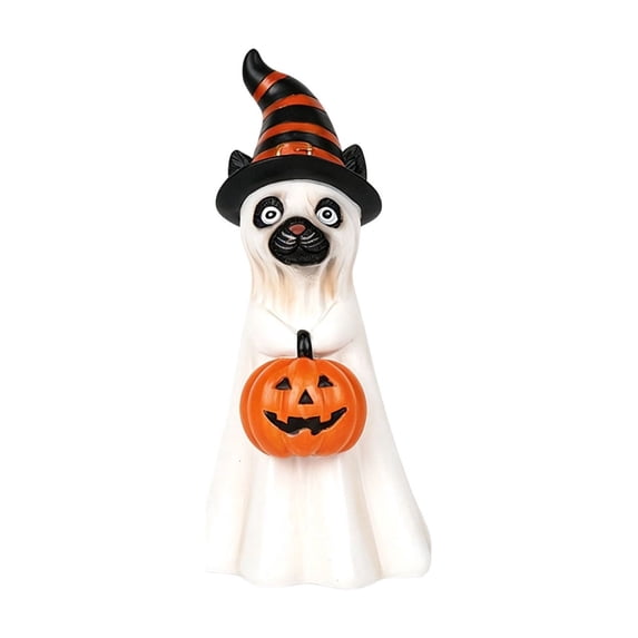 JWZZYD Halloween Ghost Cat Resin Figurine, 7.87" Halloween Witch Hat Puppy Statue with Candy Bucket, Spooky Tabletop Ornament for Mantel Bar Home Fall Holiday Party Decor