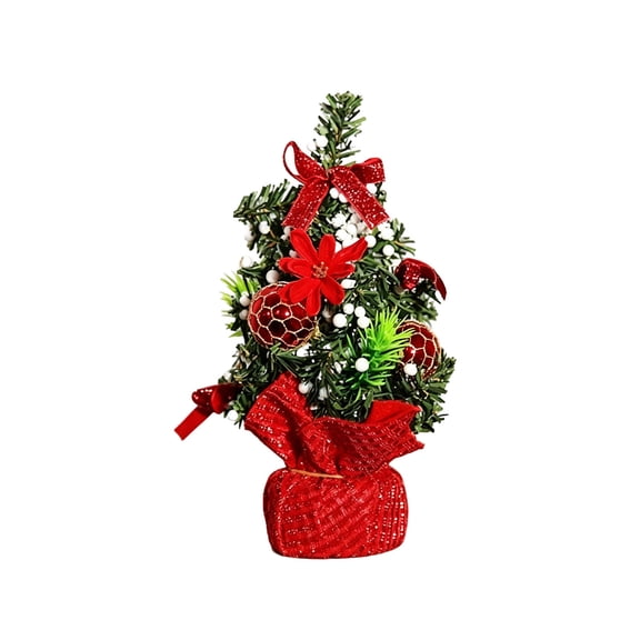 JWZZYD Mini Tabletop Artificial Christmas Tree, 8.8" Small Decorated Pine Tree with Baubles, Linen Wrapped Base, Desktop Ornament for Home, Office, Winter Holiday Table Decor(GN-3, 1 Pack)