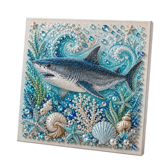 JWZZYD Ocean Theme Pearl Art DIY Kit, Octopus Wave 3D Pearl Craft Kit for Adults, Sparkling Coastal Pearls Mosaic Art with Pearls & Rhinestones, DIY Home Wall Decor Gift (Shark)
