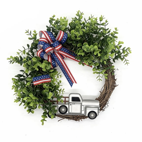 JWZZYD Patriotic 4th of July Boxwood Wreath, 15.8" Greenery Wreath with Vintage Truck & American Flag Bow, All-Weather Farmhouse Outdoor for Frontdoor, Patio & Porch, Independence Day Decor, 1 Pack