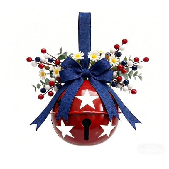 JWZZYD Patriotic Star Bell Hanging Ornament, 17.7" 4th of July Metal Door Decoration, Rustic Styles with Bow & Floral Accents, for Independence Day, Memorial Day, Home Decor(Red, 1 Pack)