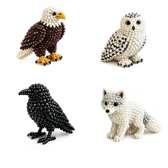 JWZZYD Wildlife Animal Beaded Figurine Collection, Handcrafted 3D Bead Embroidery Statues Including Eagle, Owl, Crow & Arctic Fox, Mini Decorative Ornaments for Home, Office, Interior Styling, 1 Pack