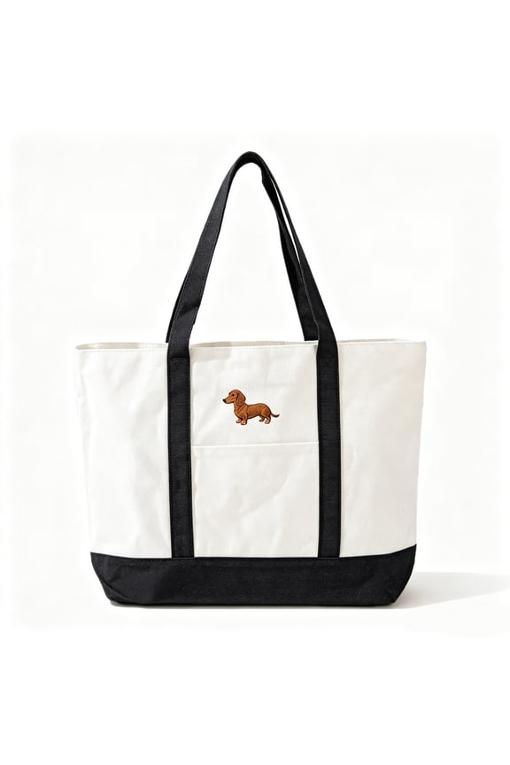 Women's Americana North/South Tote Bag,White Striped Canvas Shoulder Bag, Reusable Shopping Bag with Dog Embroidery, Casual Daily Tote for Work, Travel and Beach, White