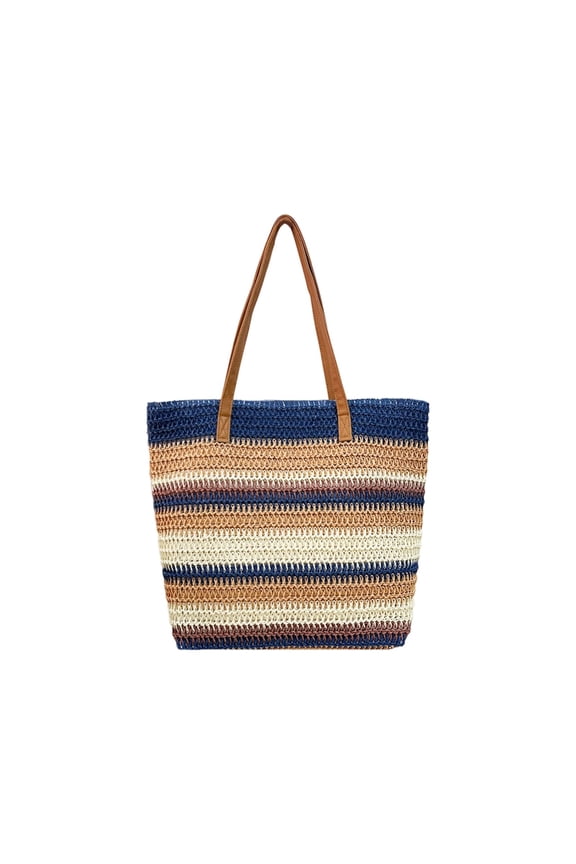 Women's Striped Straw Tote Bag, Summer Beach Shoulder Bag with Faux Leather Handles, Lightweight Handbag for Vacation, Pool, Shopping, Travel, Casual Daily Use(C, 1 PC)