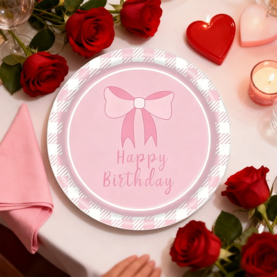 JWshufel 24 pc Valentine's Day Disposable Paper Tableware Set Paper Cups Plates Napkins with Heart Bow Design Romantic Party Tableware for Party Decorations and Entertaining Pink 7.1x7.1in