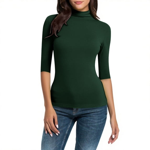 JWshufel 3/4 Sleeve Tops for Women Trendy Fashion Mock Neck Slim Basic Shirts Solid Color Casual T-Shirts Summer