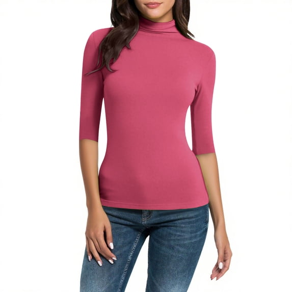 JWshufel 3/4 Sleeve Tops for Women Trendy Fashion Mock Neck Slim Basic Shirts Solid Color Casual T-Shirts Summer