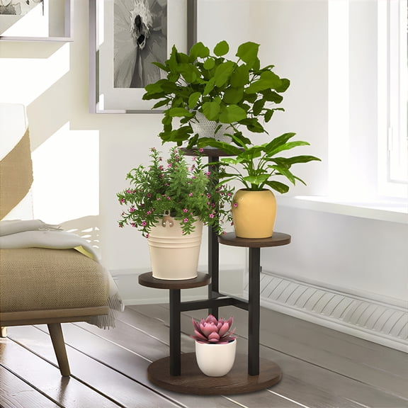 JWshufel 3 Tier Corner Plant Stand Flower Pot Rack Multi Level Round Storage Rack Metal Frame Wooden Tray Indoor/Outdoor Use Suitable for Courtyards Gardens Balconies Living Rooms Bedrooms 21x12.6in